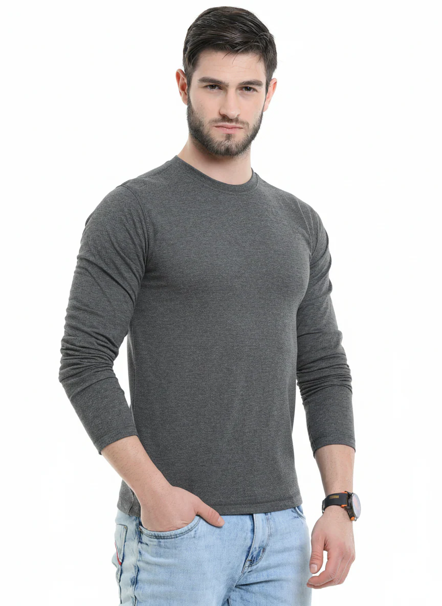 Men’s Cotton Rich Long Sleeve Round Neck T-Shirt - Charcoal Melange - Image 3