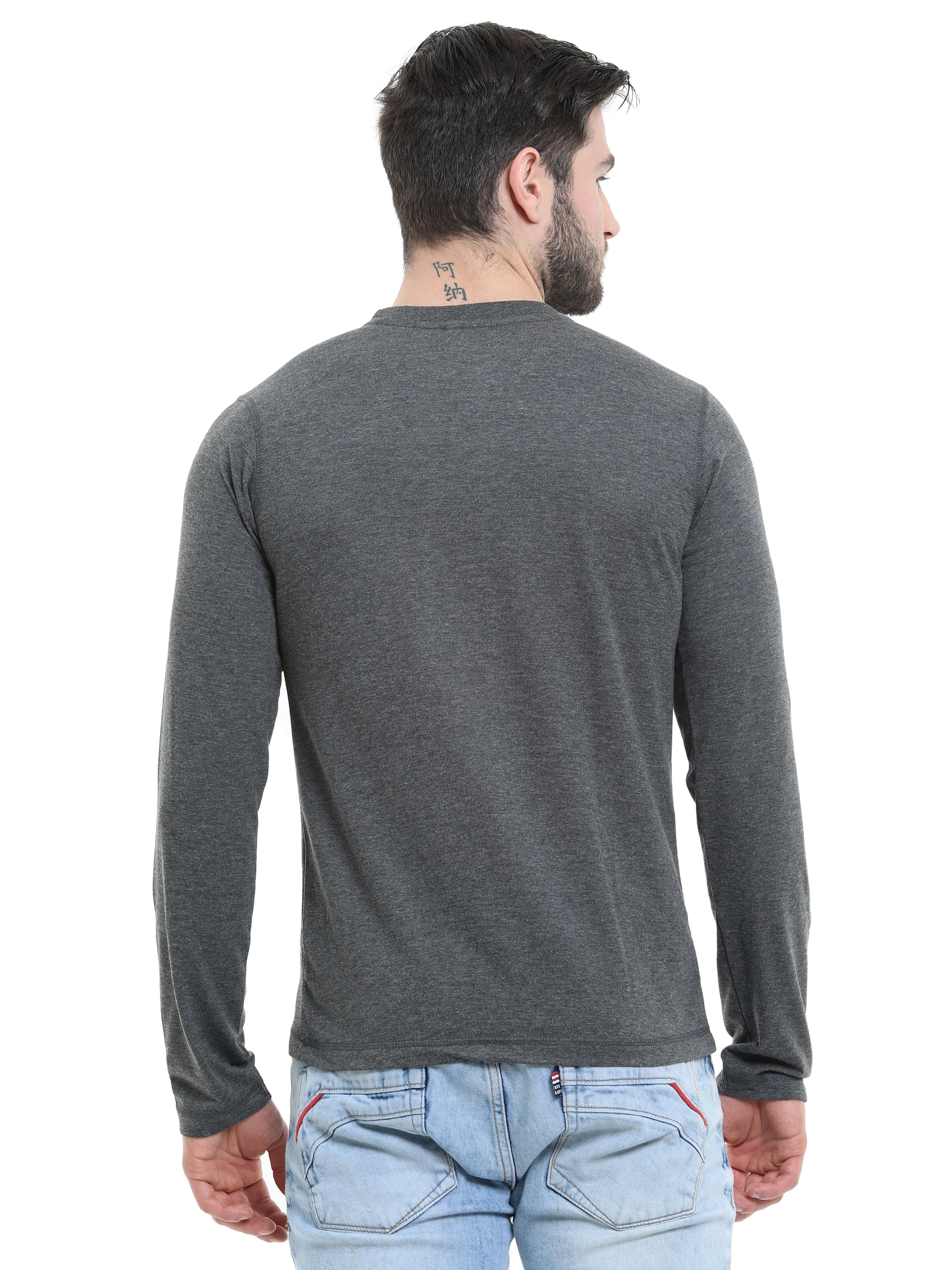 Men’s Cotton Rich Long Sleeve Round Neck T-Shirt - Charcoal Melange - Image 4