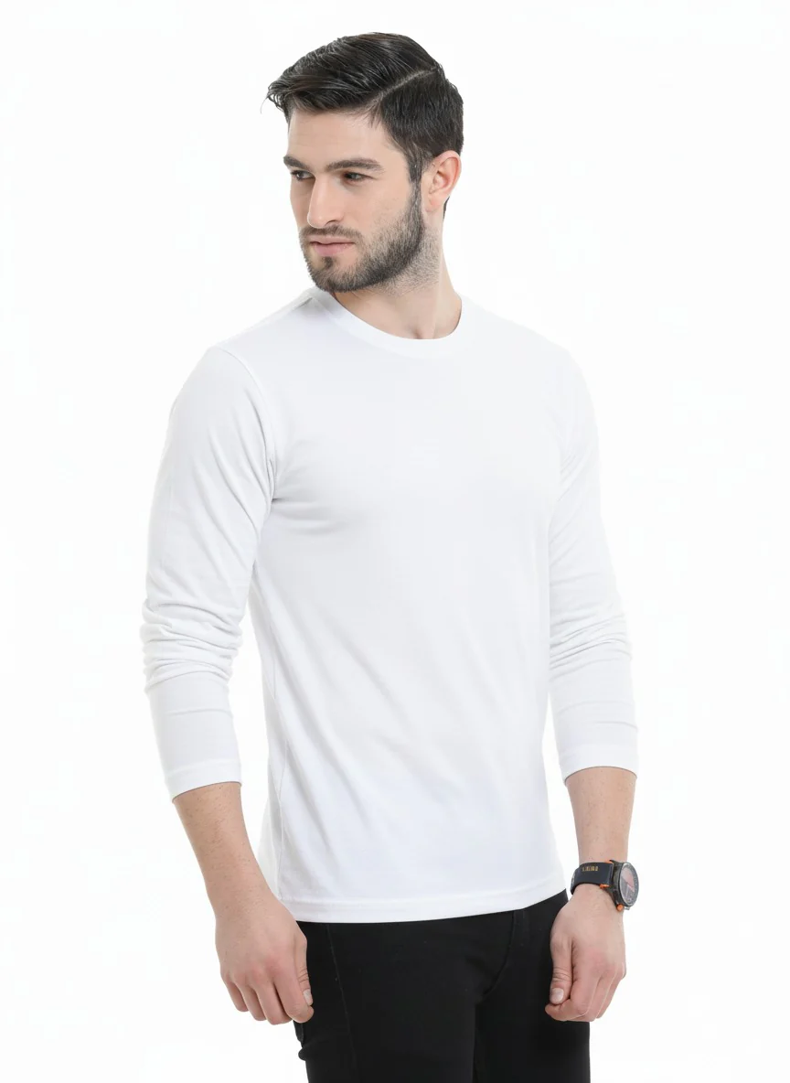 Men’s Cotton Rich Long Sleeve Round Neck T-Shirt - White - Image 3